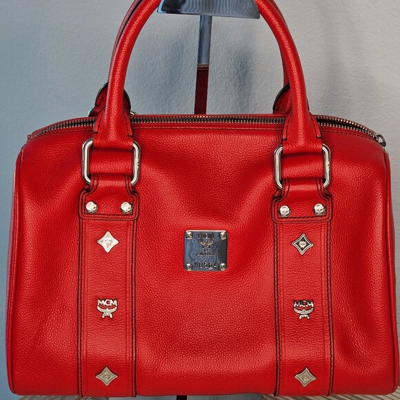 MCM Handbags - MCM Red Leather Studded Boston Bag